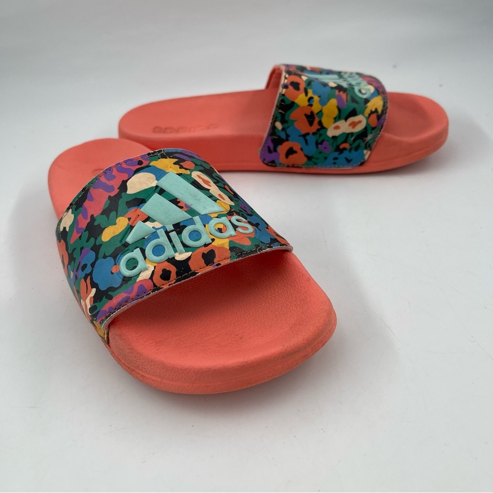 Adidas Kids Adilette Orange & Floral - SZ 3Y - Shower/Pool Slip-On Slide Sandal